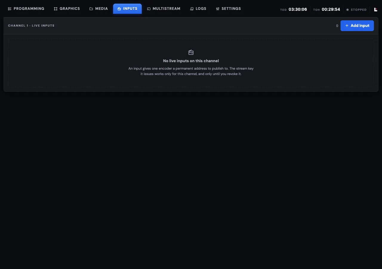 The Inputs tab of a new channel with the Add input button and an explanation that an input gives one encoder a permanent address