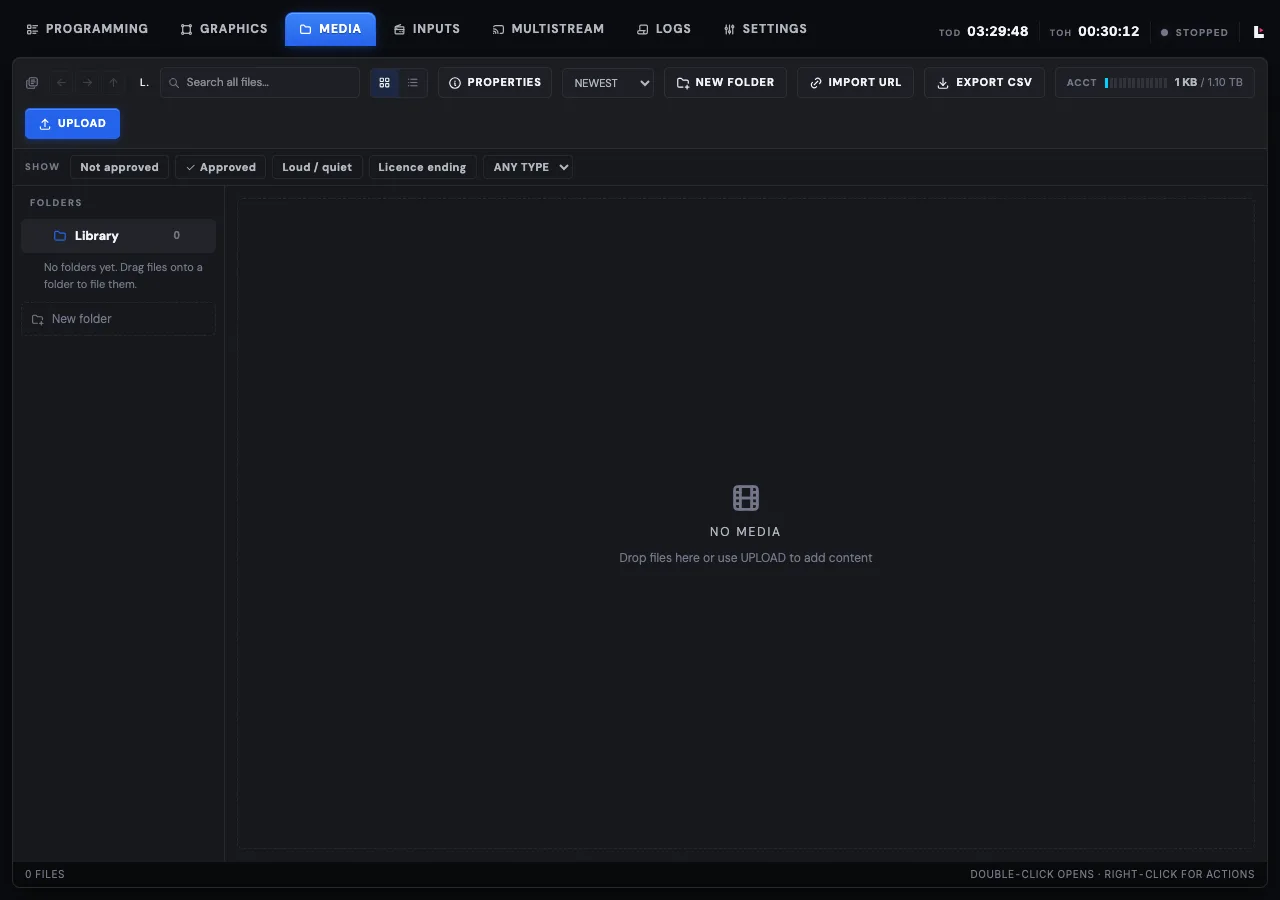 The Media tab of a new channel: Upload and Import URL at the top, an empty library, a drop zone reading no media