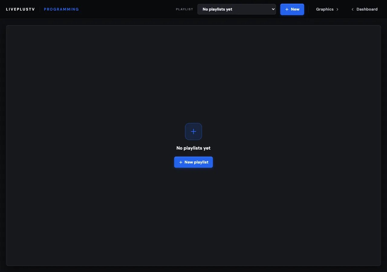 The Programming page of a new channel, showing the New playlist button and an empty playlist list